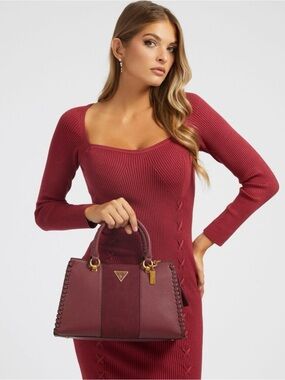 Guess Burgundy Leather Satchel with Gold Hardware